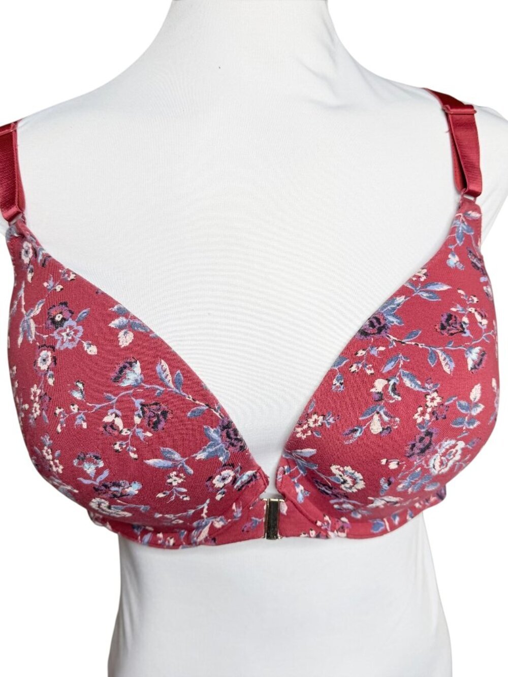 Cacique 44c plunge red floral bra strappy detail